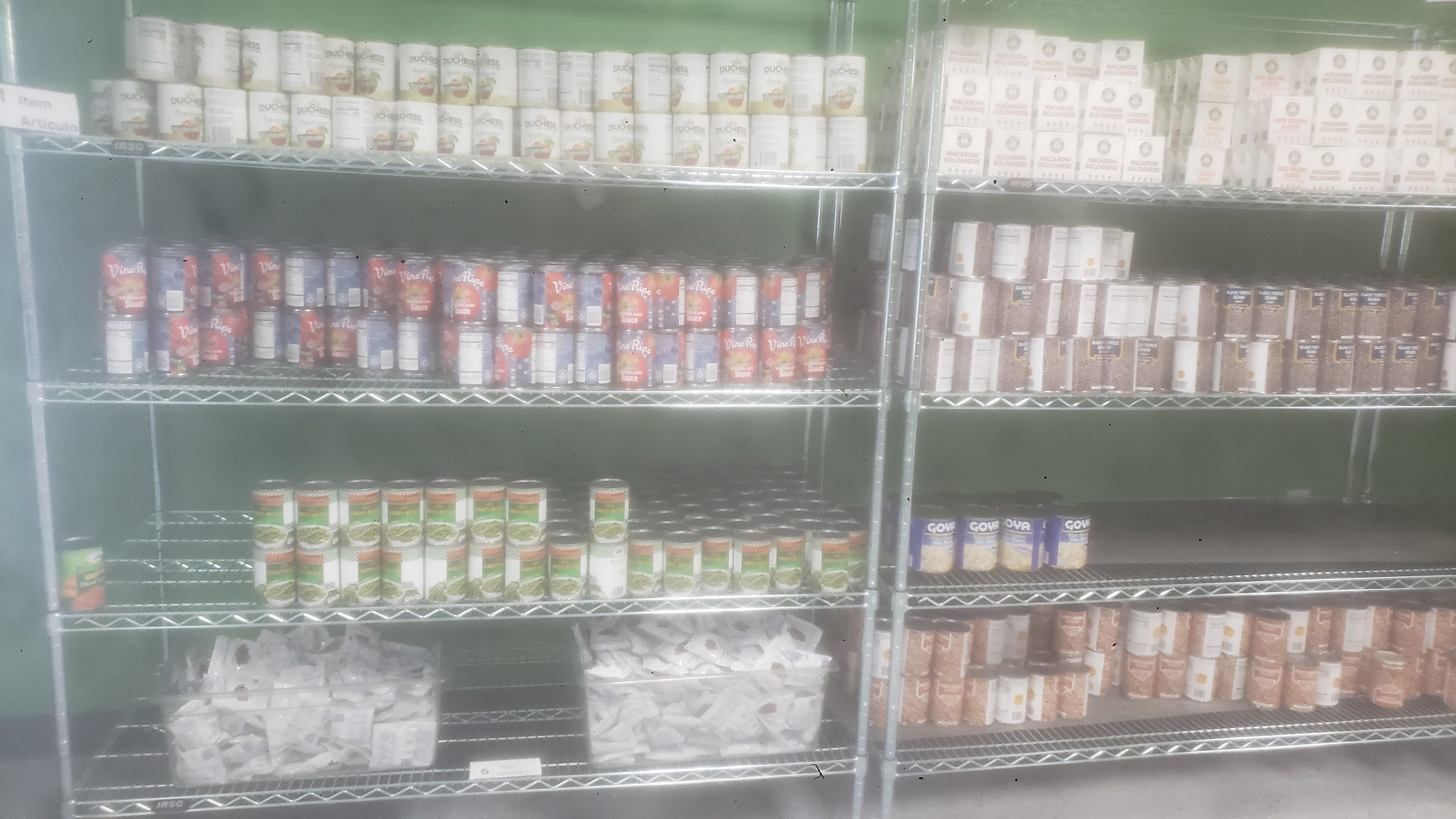 One shelf has cans of applesauce, cans of carrots, cans of green beans, cans of tomatoes sauce, and packets of dried cranberries. The other shelf has boxes of mac bolognese, red beans and rice, and 3 beans chili, cans of pinto beans, cans of black beans, and cans of hominy.